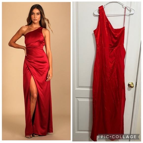 Lulus Elegant Red One Shoulder satin maxi Dress size M - Picture 1 of 11